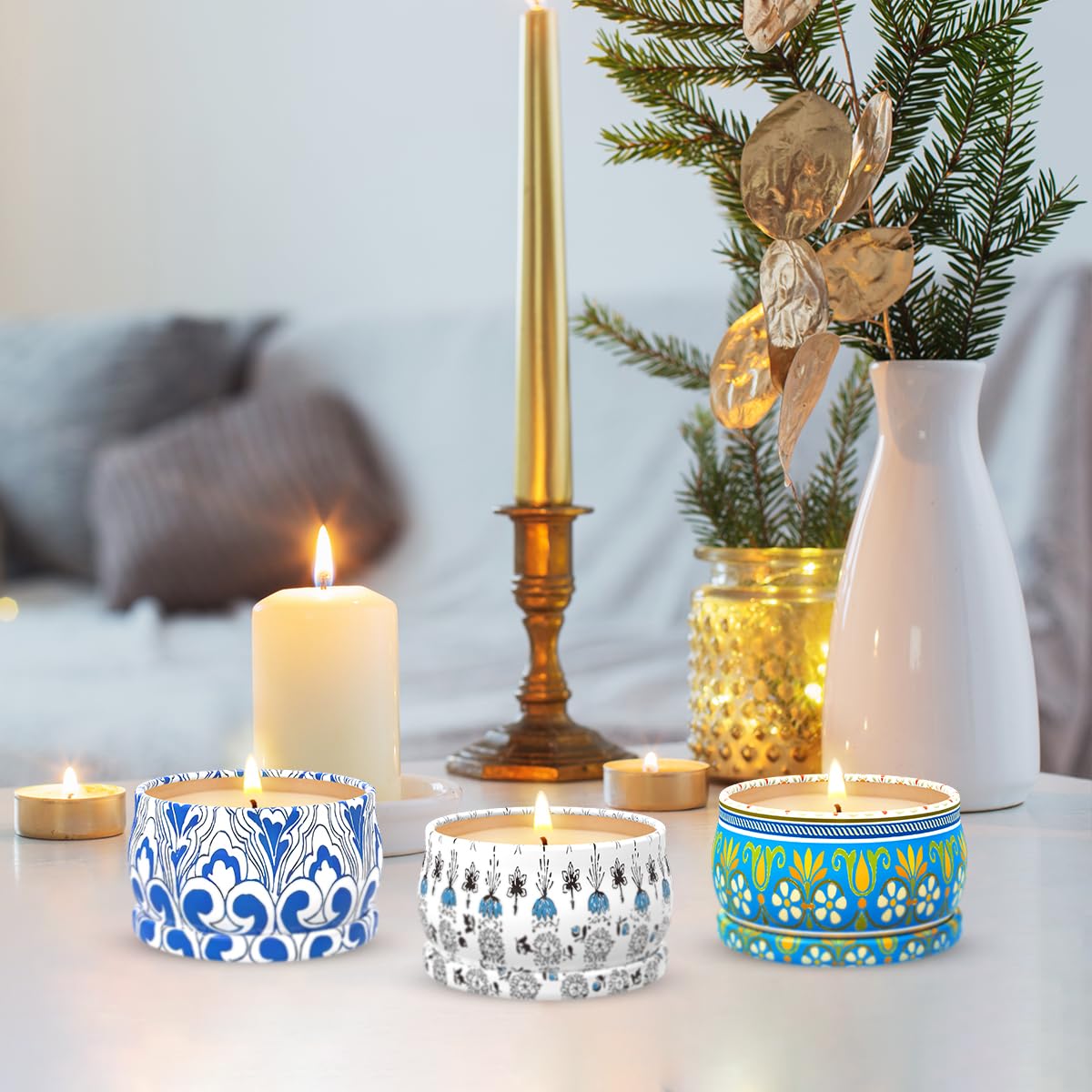 3-Pack Scented Candles Gift Set – 2.5oz Soy Travel Tin Candles (Amber Musk, Lemon, Lavender)