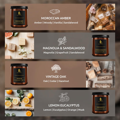 4 Pack Soy Scented Candles Set (28oz) – Magnolia & Sandalwood, Moroccan Amber, Lemon Eucalyptus, Vintage Oak