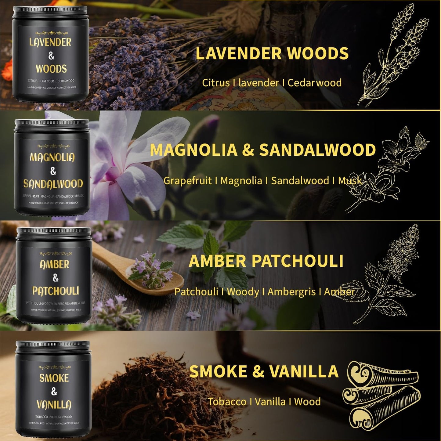 Men's Scented Candles - 4 Pack Gift Set (28oz) | Soy Wax Aromatherapy