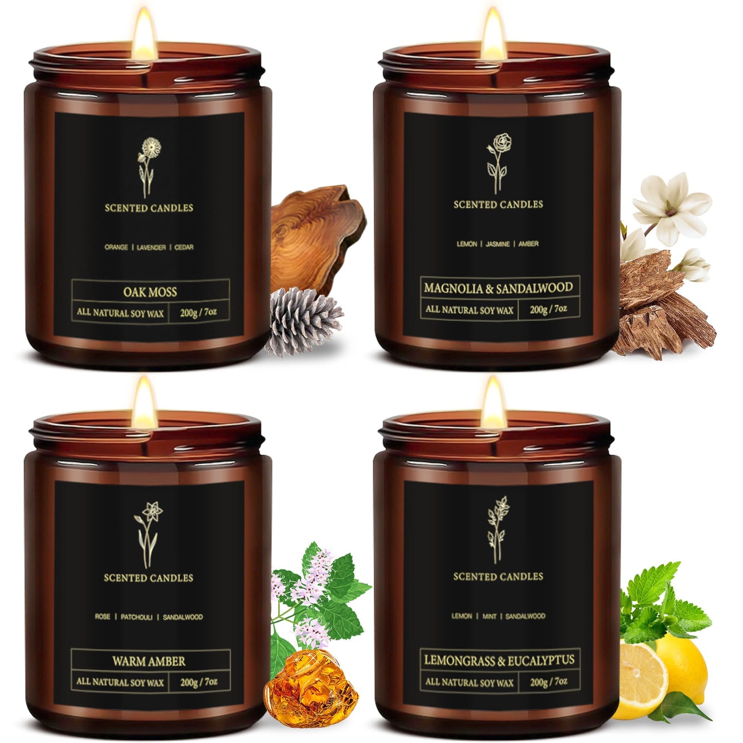 Scented Candles for Men - 4-Pack, 28oz Soy Wax, 300 Hour Burn Time