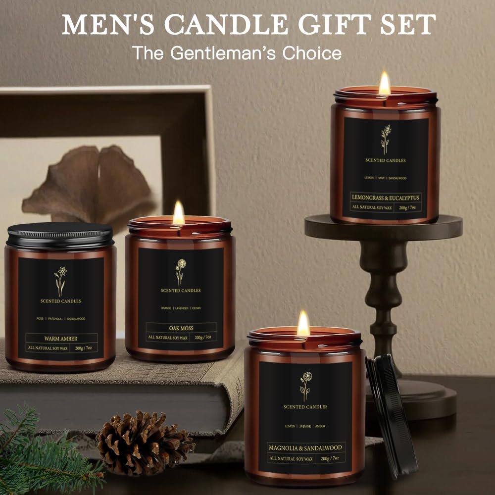Scented Candles for Men - 4-Pack, 28oz Soy Wax, 300 Hour Burn Time