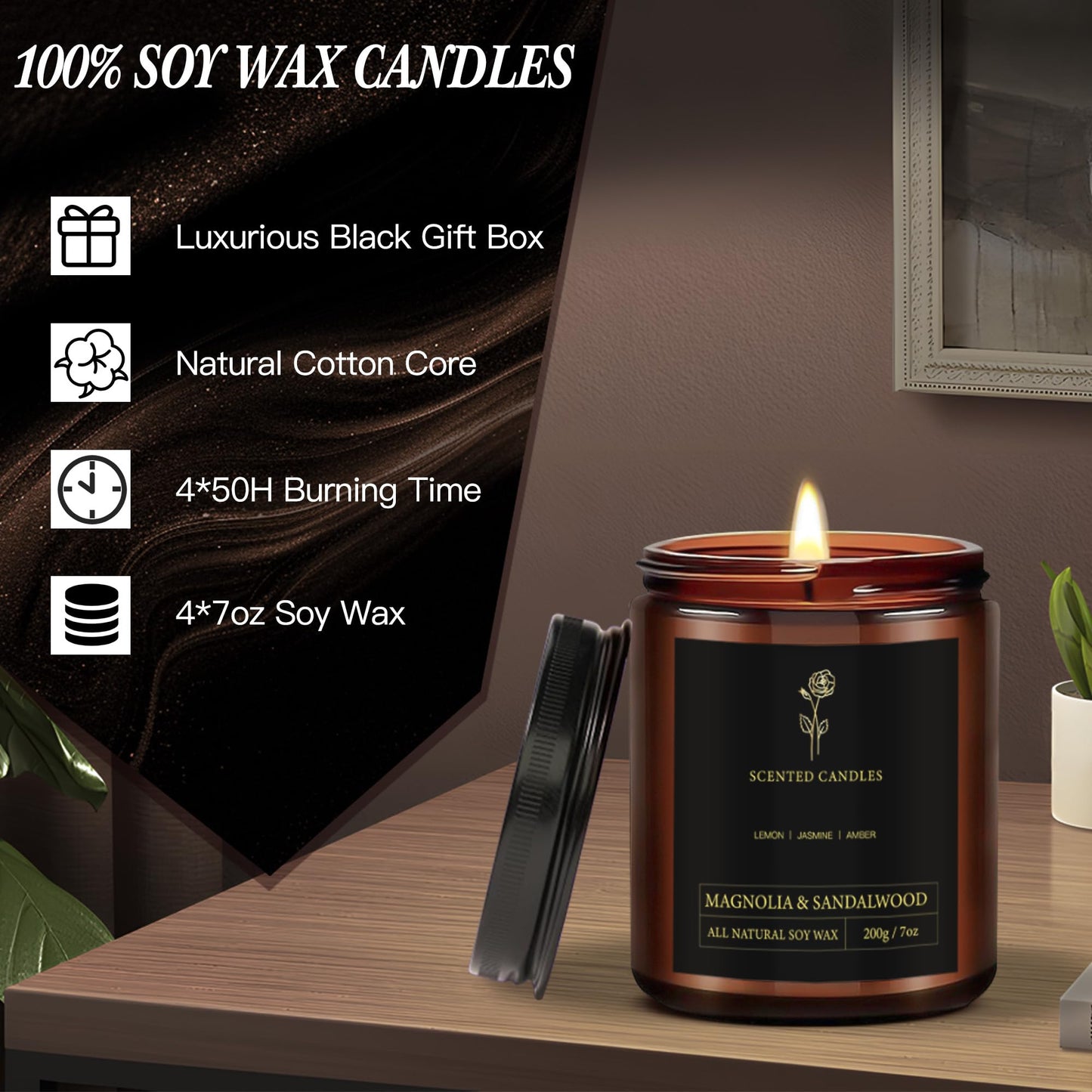 Scented Candles for Men - 4-Pack, 28oz Soy Wax, 300 Hour Burn Time