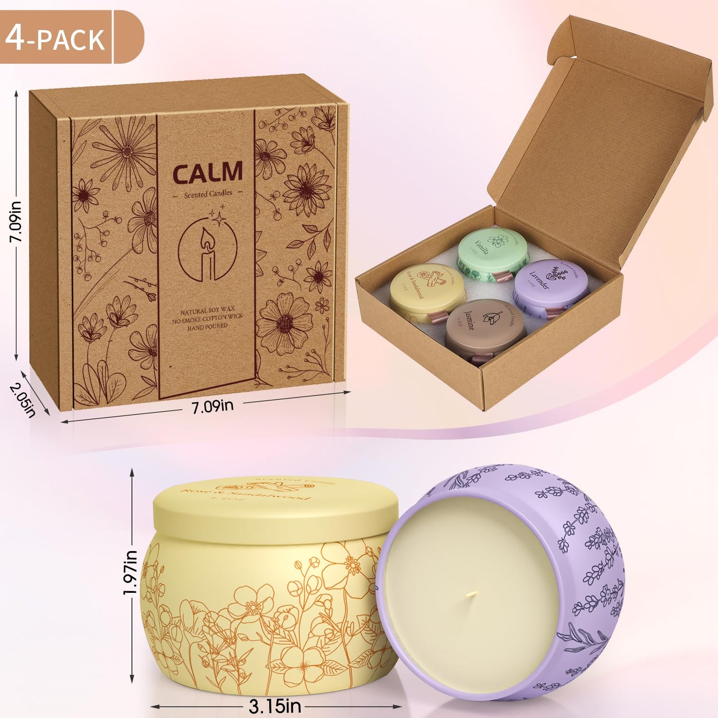 Scented Candles for Mom – 4 Pack Soy Candles (Lavender, Vanilla, Rose & Sandalwood, Jasmine) 17.6oz