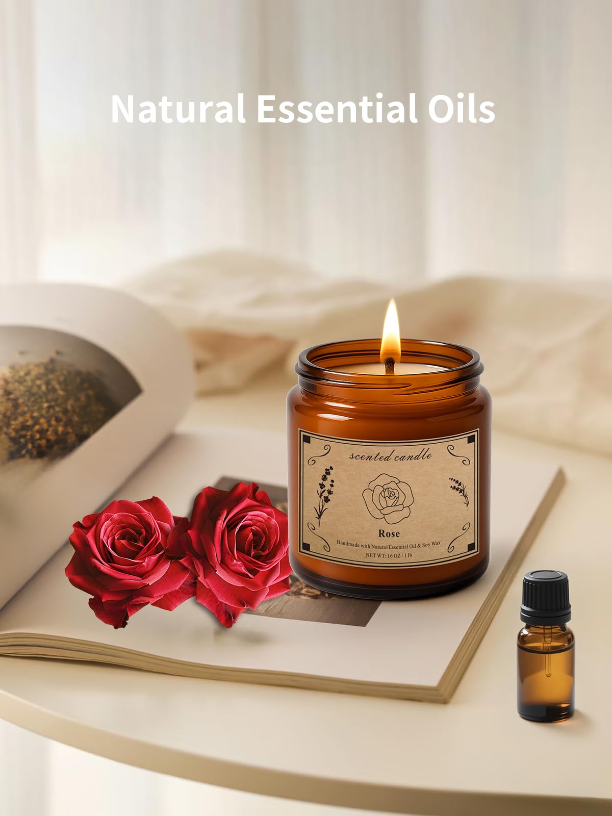 Scented Candles Gift – 16oz Rose Soy Wax Candle, 100 Hour Burn