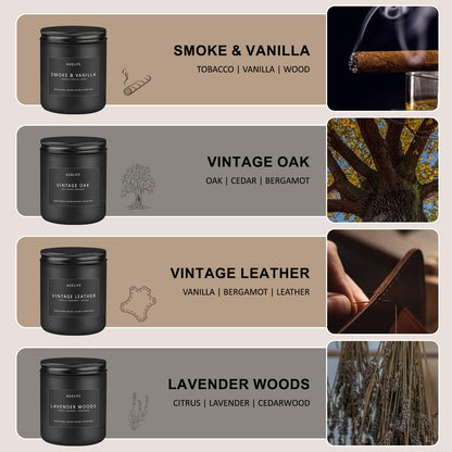 4 Pack Scented Candles Set for Men | Leather, Oak, Smoke & Vanilla