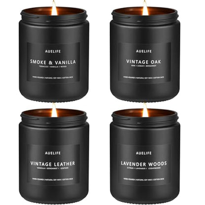 4 Pack Scented Candles Set for Men | Leather, Oak, Smoke & Vanilla