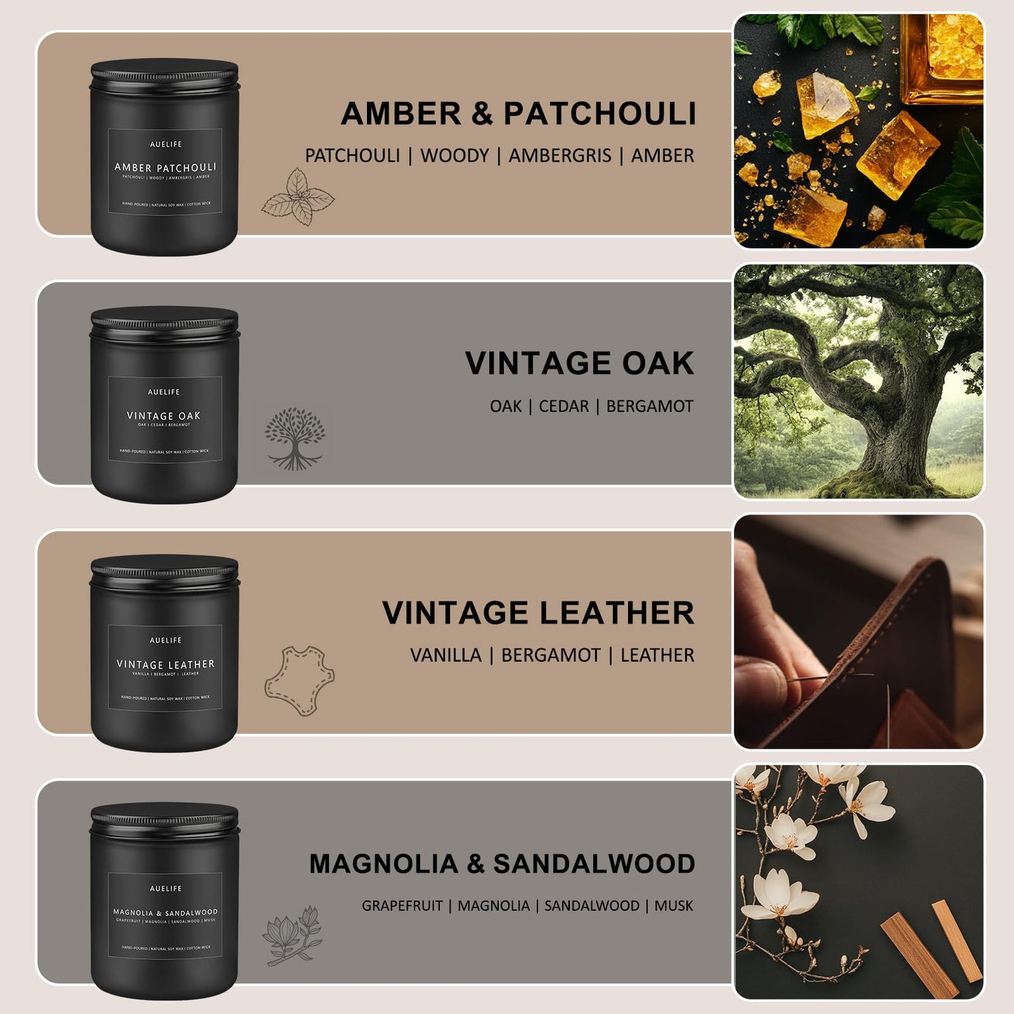 Scented Candles Set for Men - Leather, Oak & Amber Patchouli (4 Pack)