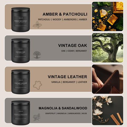 Scented Candles Set for Men - Leather, Oak & Amber Patchouli (4 Pack)