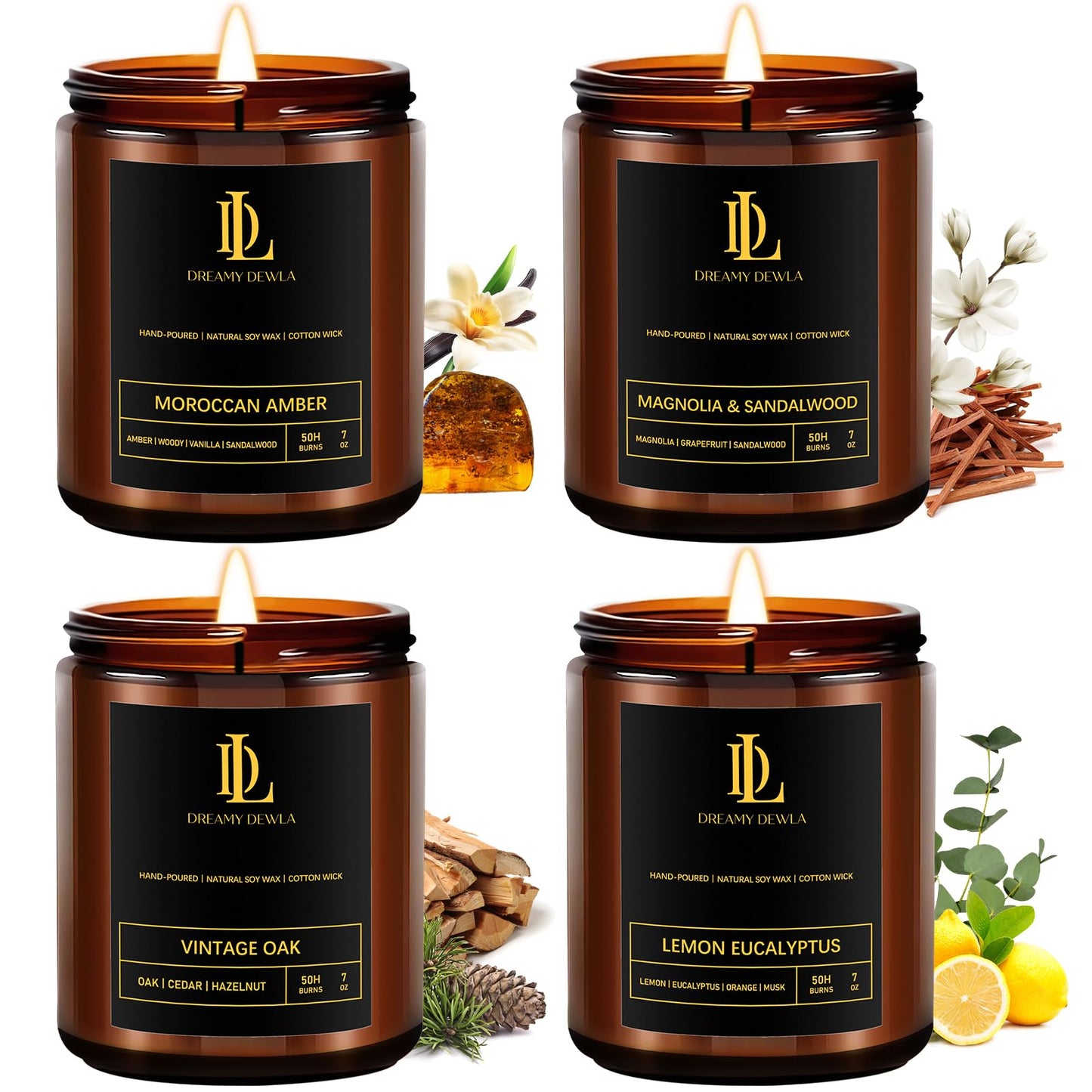 4 Pack Soy Scented Candles Set (28oz) – Magnolia & Sandalwood, Moroccan Amber, Lemon Eucalyptus, Vintage Oak