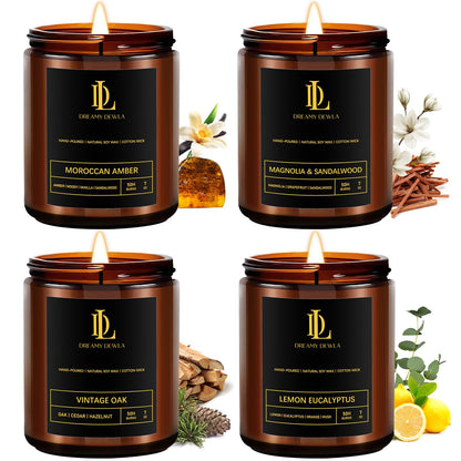 4 Pack Soy Scented Candles Set (28oz) – Magnolia & Sandalwood, Moroccan Amber, Lemon Eucalyptus, Vintage Oak