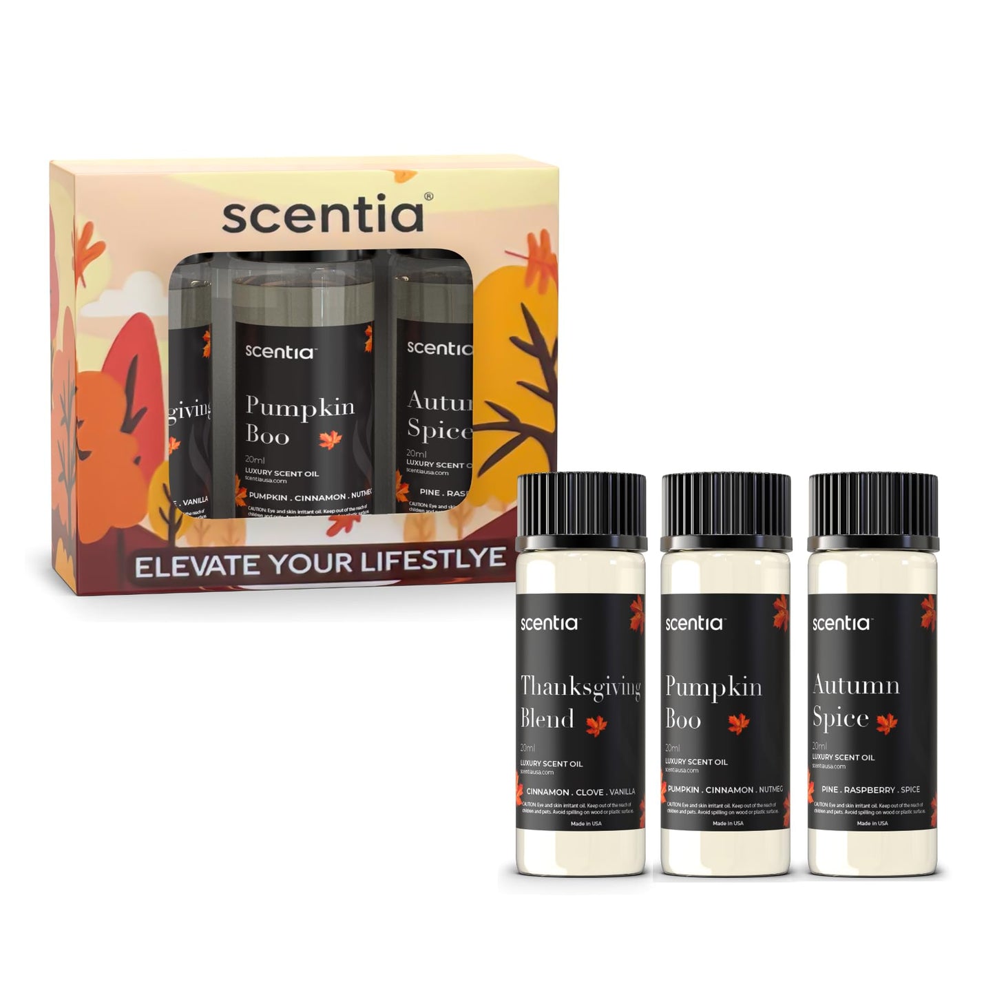 Scentia Fall Essential Oils Set – Autumn Spice, Thanksgiving Blend & Pumpkin Boo (20ml) for Diffuser, Candles & DIY | Perfect Fall Gift