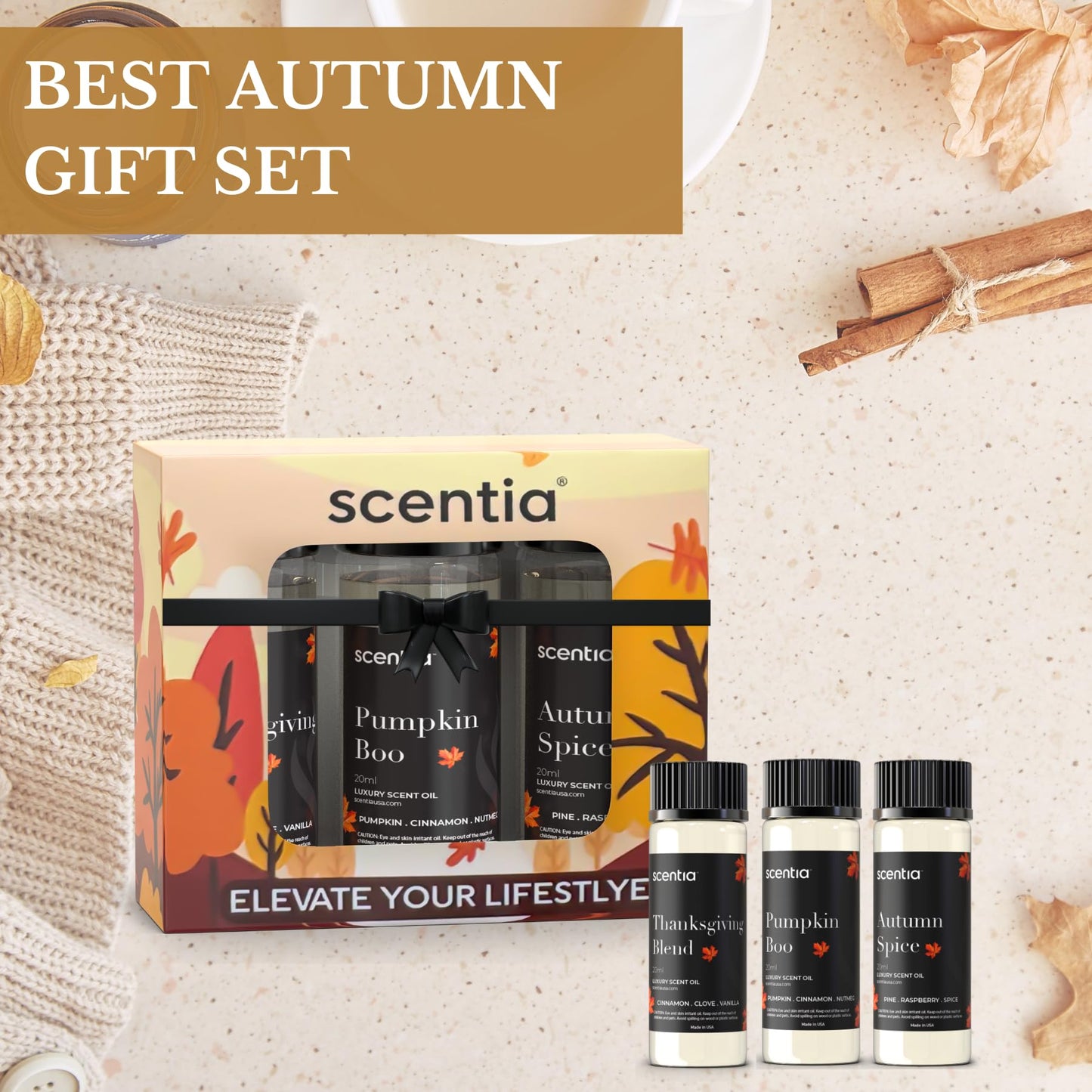 Scentia Fall Essential Oils Set – Autumn Spice, Thanksgiving Blend & Pumpkin Boo (20ml) for Diffuser, Candles & DIY | Perfect Fall Gift