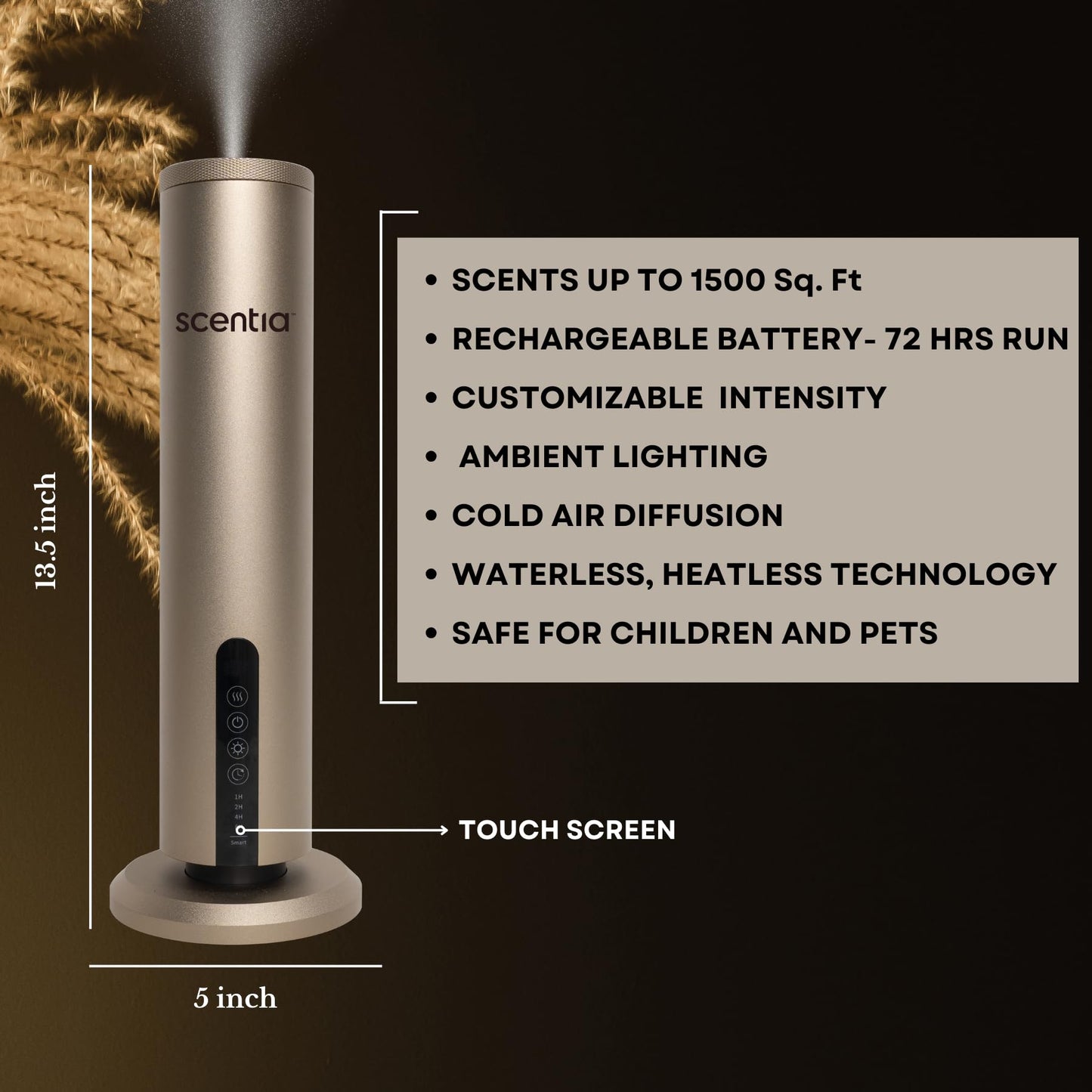 Scentia Max Diffuser – Wireless Waterless Diffuser with App Control | Covers 1500 Sq Ft | Gold