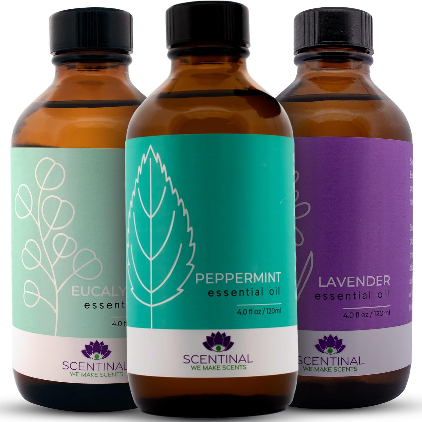 Scentinal Premium Essential Oil Kit – 4oz (120ml) Eyedropper – 100% Pure Peppermint, Lavender & Eucalyptus