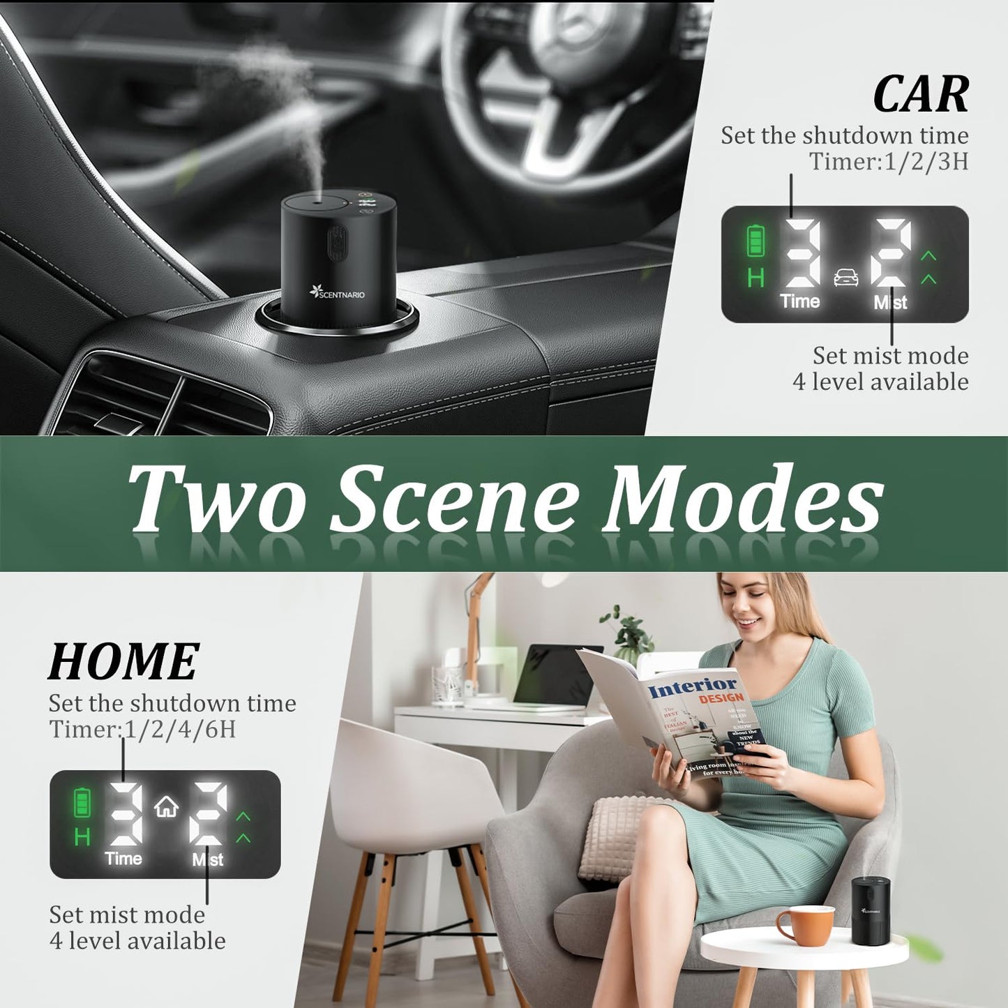 SCENTNARIO Waterless Diffuser | Portable Nebulizing Diffuser for Home & Car, 4 Mist Levels, 72h Battery
