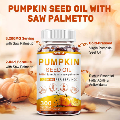 SCOLA Pumpkin Seed Oil Capsules with Saw Palmetto – 3200mg Prostate & Urinary Health (300 Softgels) | Non-GMO, Gluten-Free