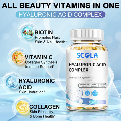 SCOLA Hyaluronic Acid Capsules - 250mg HA + 10,000mcg Biotin, 60 Vegan Capsules | Deep Hydration, Hair & Nail Support | Non-GMO Formula