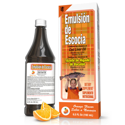 Scotland Cod Liver Oil Emulsion – Orange Flavor, 6.5 fl oz (1 Pack) | Omega-3 + Vitamins A, D, E, B1