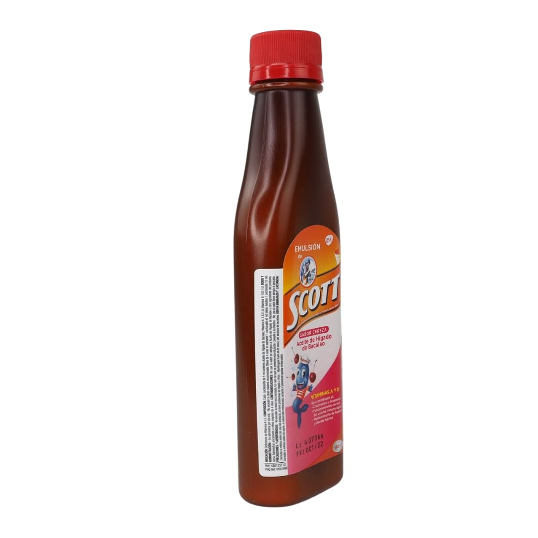 Scott Emulsion 180 ml Cod Liver Oil for Kids – 2 Pack with Vitamins A, D & Calcium (Cherry, Tropical Fruits, Traditional)