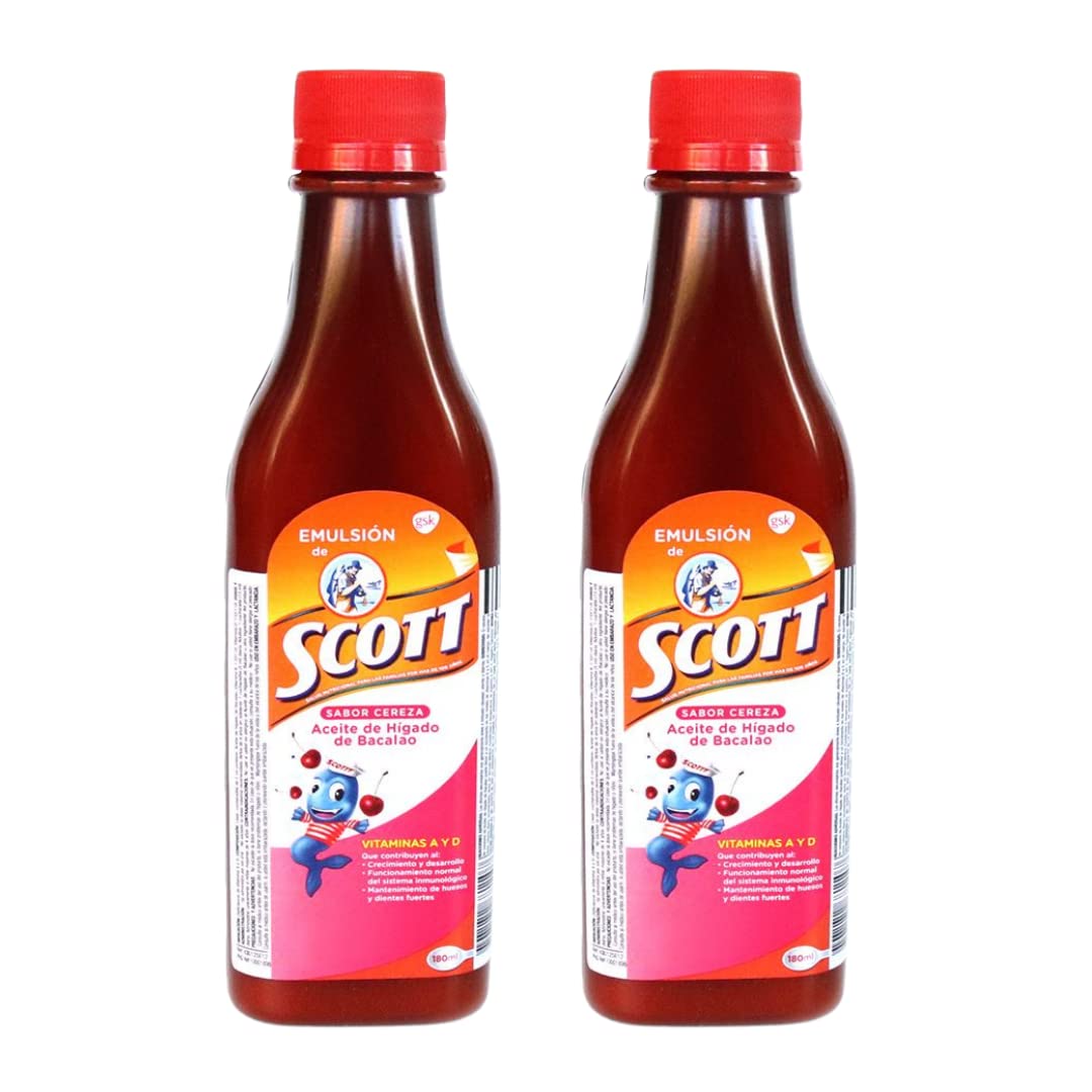 Scott Emulsion 180 ml Cod Liver Oil for Kids – 2 Pack with Vitamins A, D & Calcium (Cherry, Tropical Fruits, Traditional)