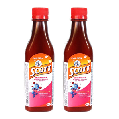 Scott Emulsion 180 ml Cod Liver Oil for Kids – 2 Pack with Vitamins A, D & Calcium (Cherry, Tropical Fruits, Traditional)