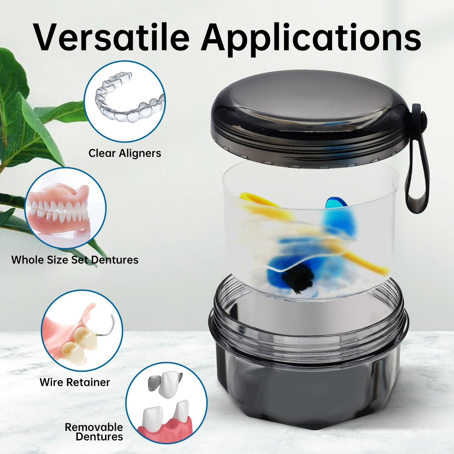 Leak Proof Denture Cups - Travel Bath Case with Brush, Transparent Black
