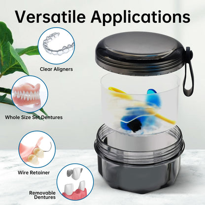 Leak Proof Denture Cups - Travel Bath Case with Brush, Transparent Black