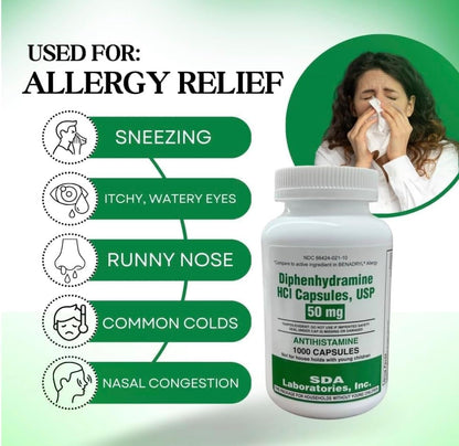 SDA LABORATORIES Diphenhydramine 50mg Allergy Relief — Fast-Acting Indoor & Outdoor Antihistamine, 1000 Count