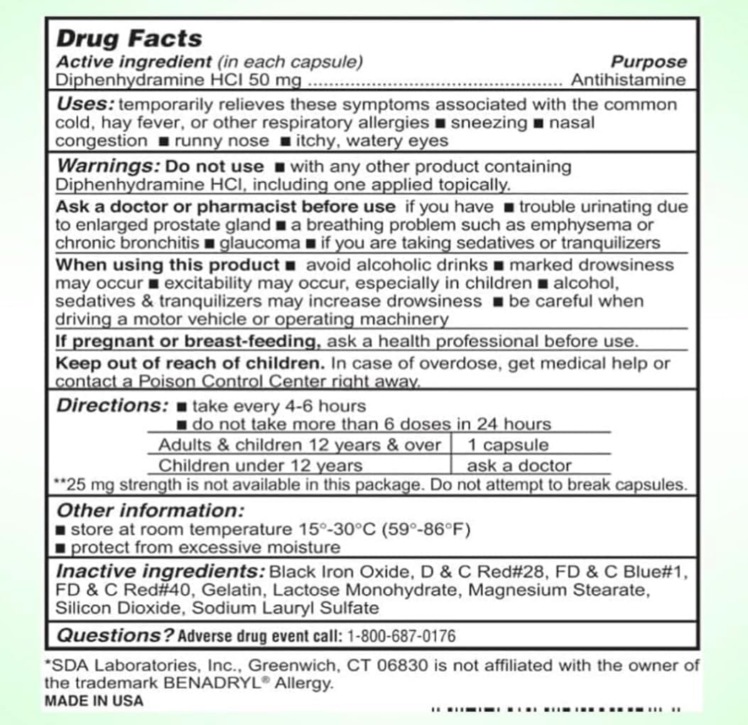 SDA LABORATORIES Diphenhydramine 50mg Allergy Relief — Fast-Acting Indoor & Outdoor Antihistamine, 1000 Count