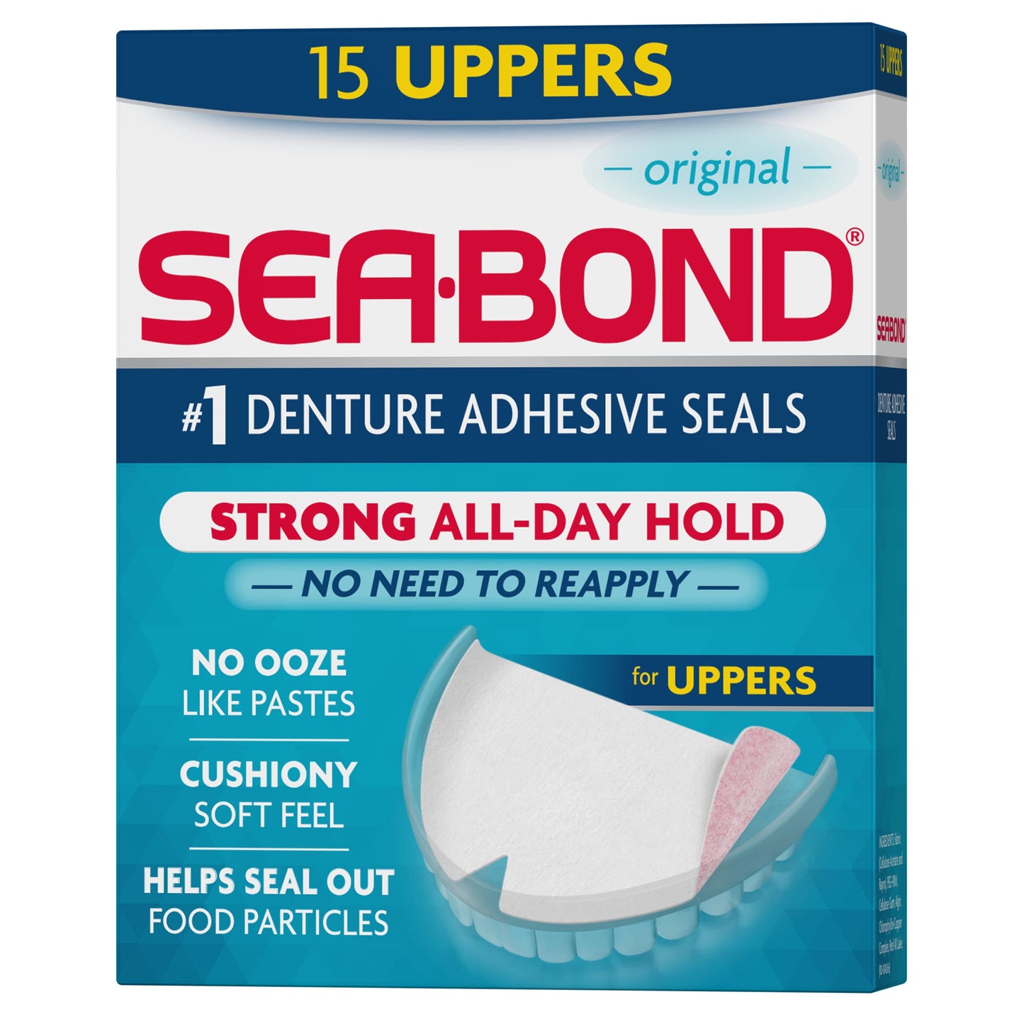 Sea Bond Secure Denture Adhesive Seals - Original Uppers, Zinc-Free, All-Day Hold (15 Count)