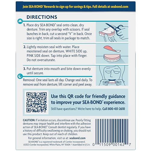 Sea Bond Secure Denture Adhesive Seals - Original Uppers, Zinc-Free, All-Day Hold (15 Count)