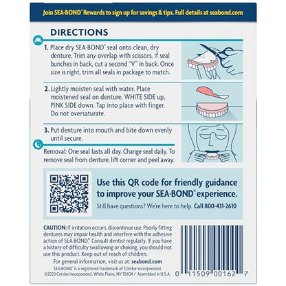 Sea Bond Secure Denture Adhesive Seals - Original Uppers, Zinc-Free, All-Day Hold (15 Count)