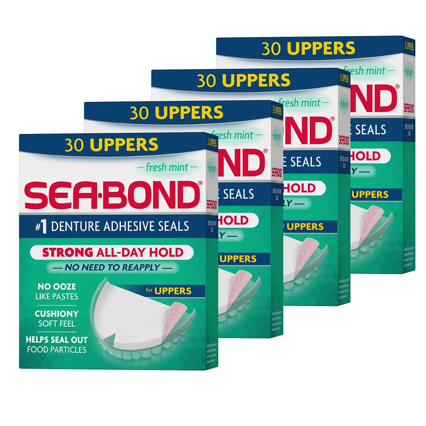 Sea-Bond Secure Denture Adhesive Seals – Fresh Mint, Zinc-Free, All-Day Hold (30 Count, Pack of 4)