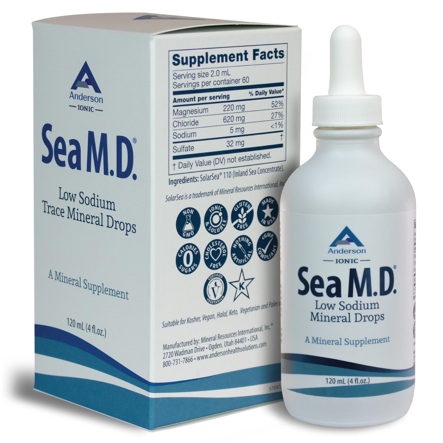 Anderson Sea M.D. Concentrated Trace Mineral Drops – Ionic Magnesium, 4 oz Glass Bottle
