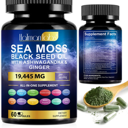 Sea Moss Black Seed Oil Ashwagandha Ginger Turmeric Capsules & Gummies – 60 Count