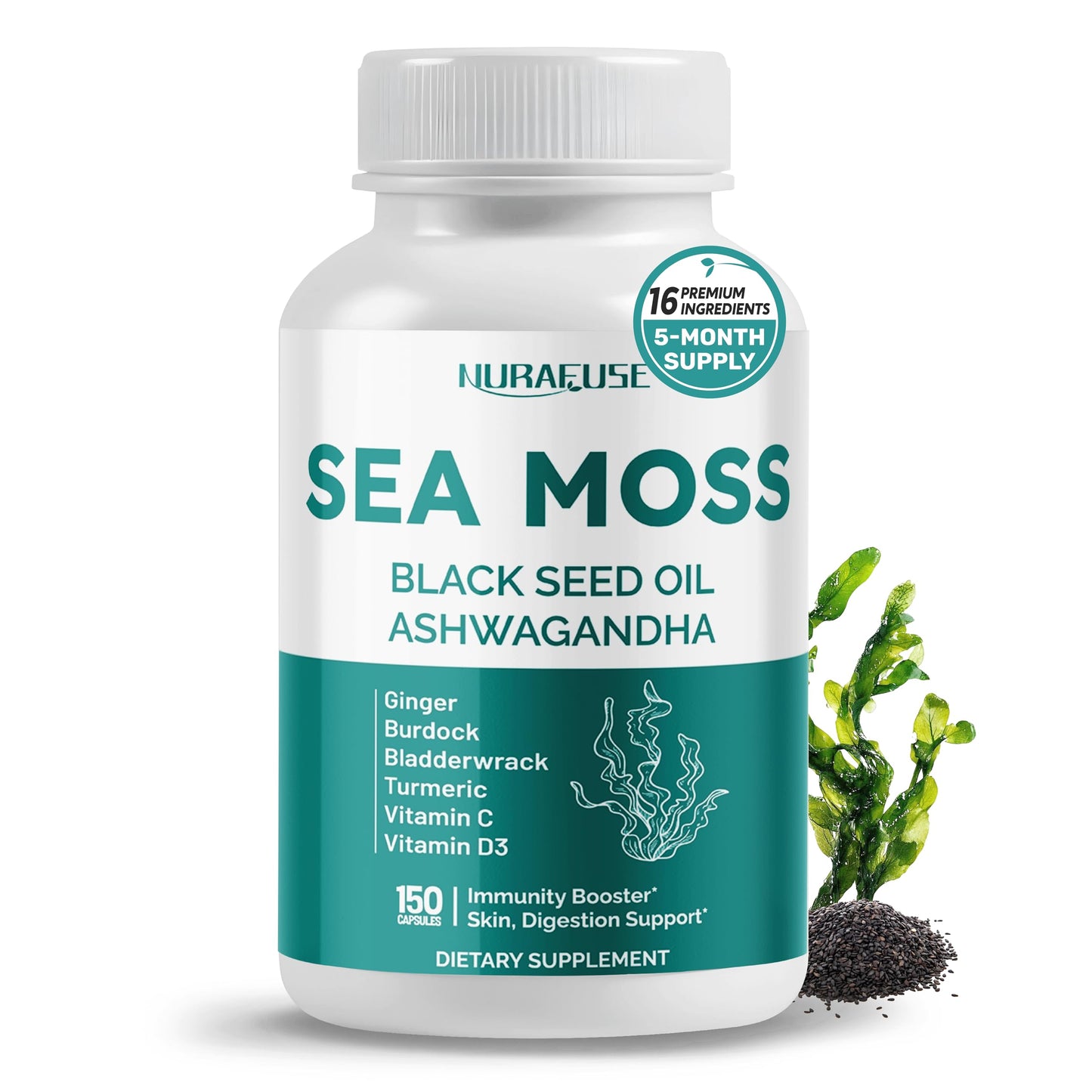 SEA Moss Black Seed Oil Ashwagandha Ginger 16-in-1 Formula - Non-GMO, Gluten-Free, Soy-Free