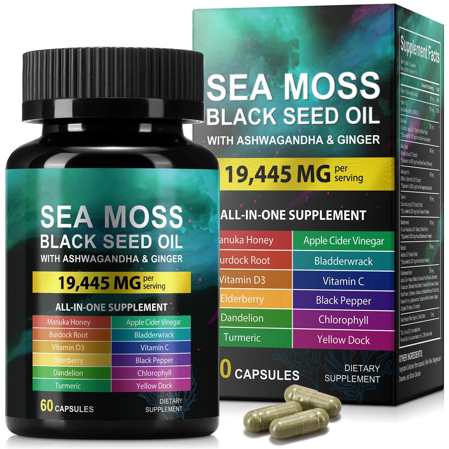 Sea Moss Black Seed Oil Capsule – Ashwagandha & Ginger | Immunity & Energy | 60 Count
