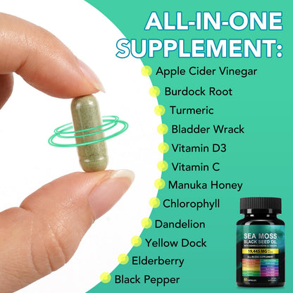 Sea Moss Black Seed Oil Capsule – Ashwagandha & Ginger | Immunity & Energy | 60 Count