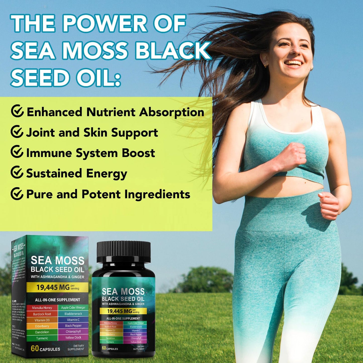 Sea Moss Black Seed Oil Capsule – Ashwagandha & Ginger | Immunity & Energy | 60 Count