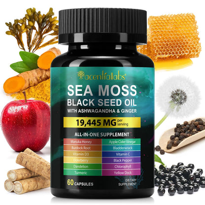 Sea Moss Black Seed Oil Ashwagandha Turmeric Capsules - Immunity & Energy Support, 60 Count