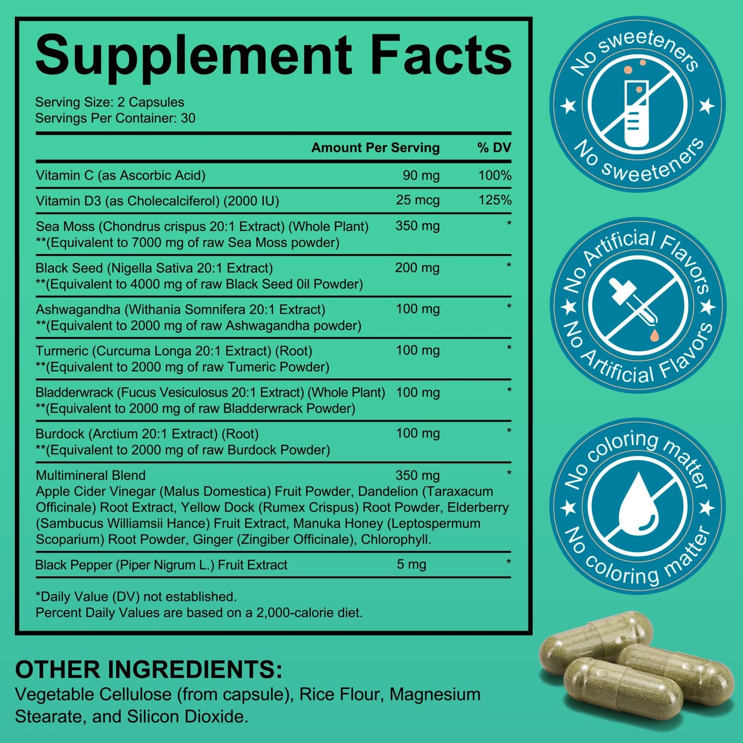 Sea Moss Black Seed Oil Ashwagandha Turmeric Capsules - Immunity & Energy Support, 60 Count