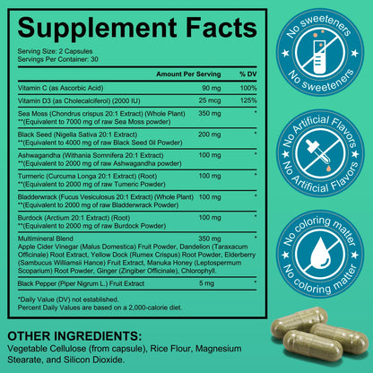 Sea Moss Black Seed Oil Ashwagandha Turmeric Capsules - Immunity & Energy Support, 60 Count