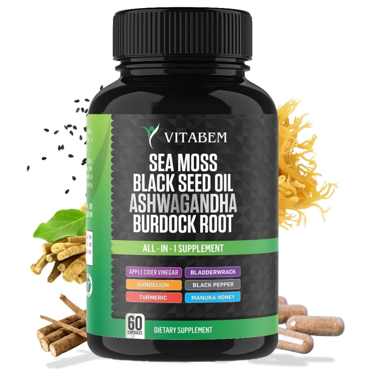 Sea Moss Black Seed Oil Ashwagandha Turmeric Burdock Root | All-in-One Sea Moss Capsules - 60 Count