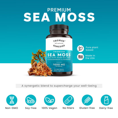 Thomas' All-Natural Irish Sea Moss Capsules with Bladderwrack & Burdock Root – Organic Sea Moss Pills (120)