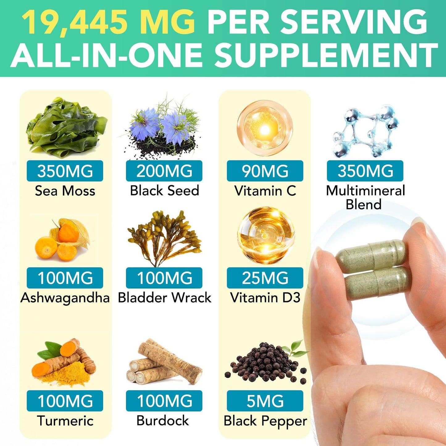 Sea Moss Black Seed Oil Ashwagandha Turmeric Capsules - Immunity & Energy Support, 60 Count
