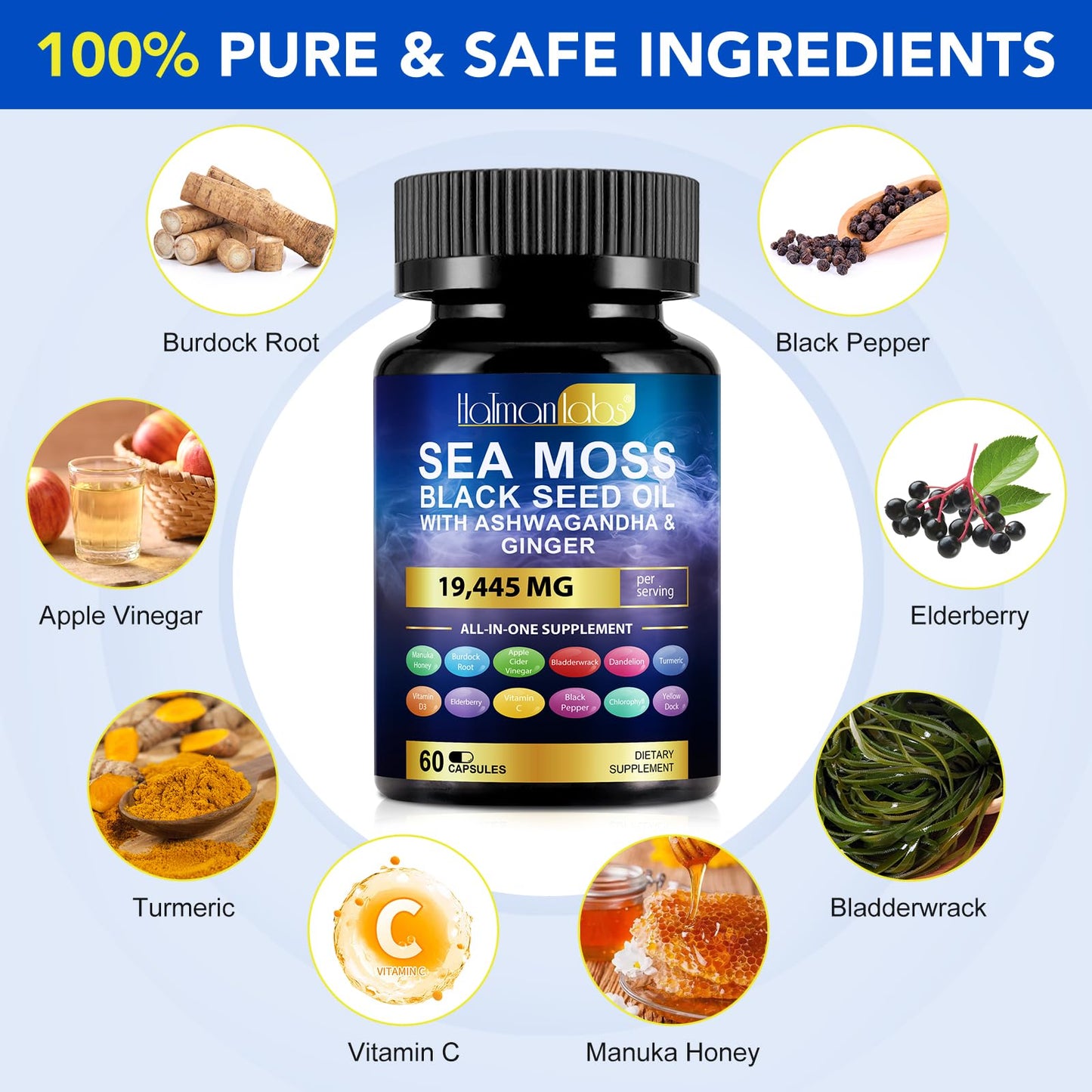 Sea Moss Black Seed Oil Ashwagandha Ginger Turmeric Capsules & Gummies – 60 Count