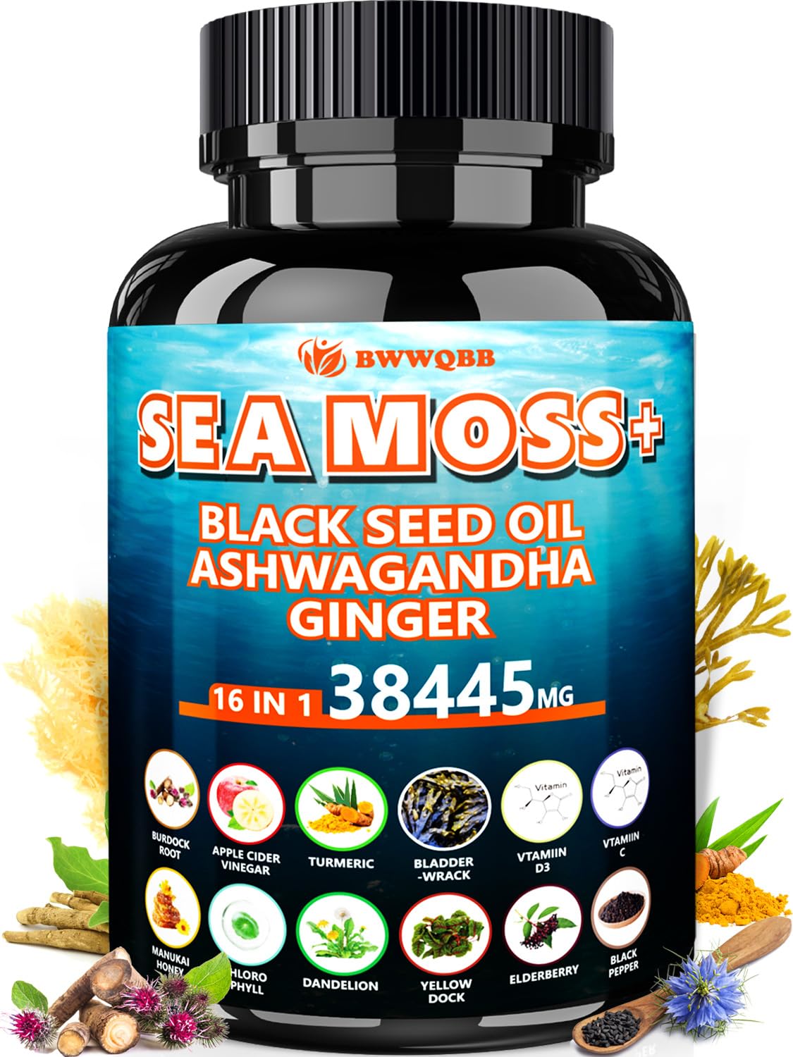 Sea Moss Capsules 60 Count – All-in-1 with Black Seed Oil, Ashwagandha, Turmeric, Bladderwrack & Burdock