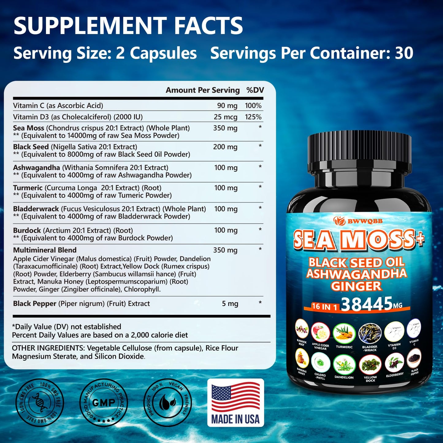Sea Moss Capsules 60 Count – All-in-1 with Black Seed Oil, Ashwagandha, Turmeric, Bladderwrack & Burdock