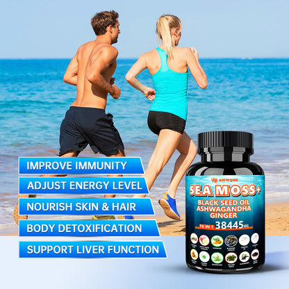 Sea Moss Capsules 60 Count – All-in-1 with Black Seed Oil, Ashwagandha, Turmeric, Bladderwrack & Burdock