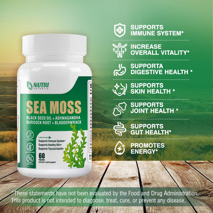 Irish Sea Moss Capsules with Black Seed Oil, Ashwagandha & Ginger – 16-in-1 Immune, Joint & Gut Support (60 Capsules)